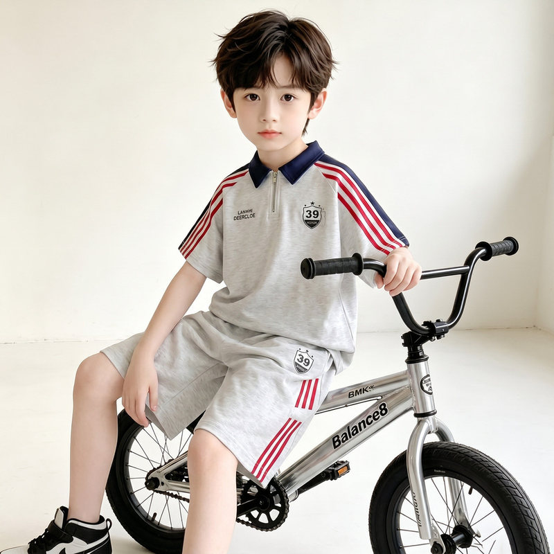 Boys' Summer Outfit Stylish Children's Summer Clothing Polo Shirt Short-Sleeve Casual Sports Two-Piece Set for Older Kids Trendy and Cool