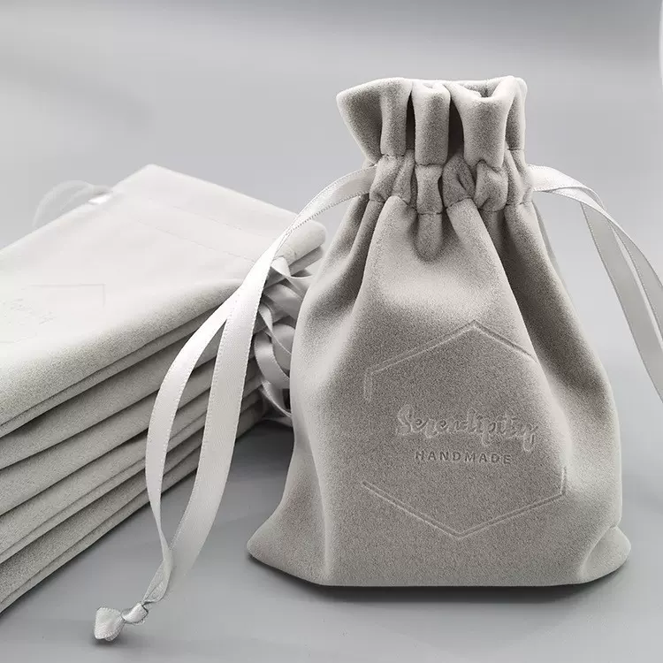 新款时尚灰色绒布袋 香水口红珠宝首饰包装收纳袋 束口拉绳小布袋