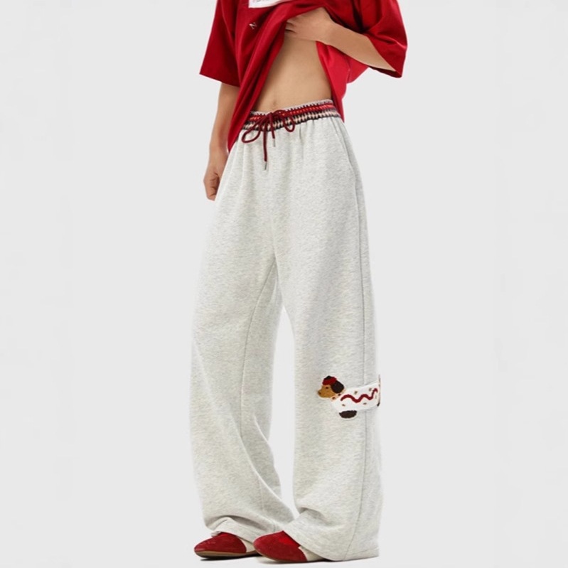 Pantalones deportivos con bordado flocado de perro salchicha para hombre 2025 nuevo estilo de diseño americano con costuras de cintura pantalones casuales rectos
