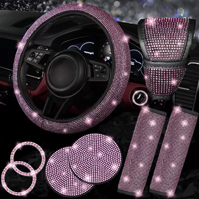 8-Piece Car Diamond-Encrusted Decorative Set: Steering wheel cover - pink-38cm