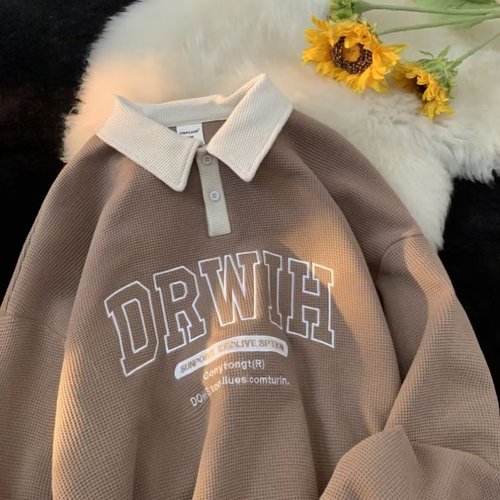 Men's Long Sleeve Polo Hoodie 2024 Autumn New Trend Brand Collar Contrast Letter Embroidered Casual Top