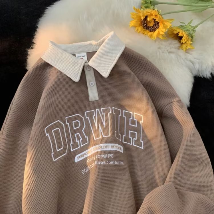 Waffle long sleeve polo sweater men's 2024 autumn new fashion brand lapel contrast color letter embroidered casual top