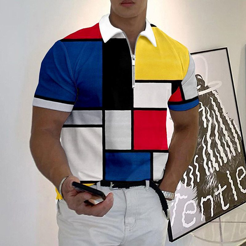 2024 summer men's lapel zipper Polo shirt 3d printed geometric plaid golf shirt cross-border manufacturers