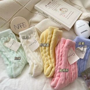Soft glutinous plush socks children's autumn and winter fleece-lined thickened Macaron color girl's mid-tube socks cold-proof baby socks thick