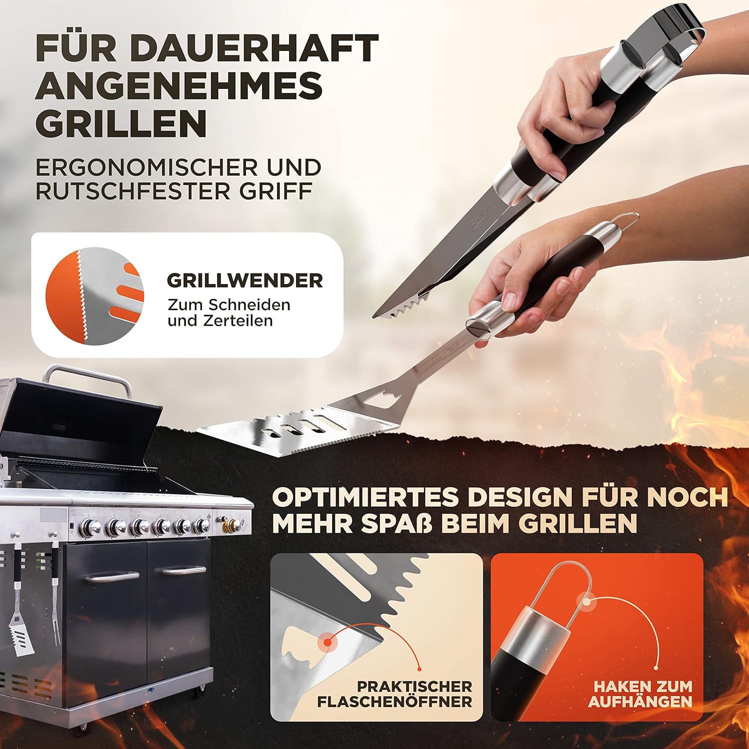 Amazon Hot sale acero inoxidable parrilla set horquilla bolsas de almacenamiento mangas de tubo de goma y plástico BBQ herramientas de barbacoa al aire libre