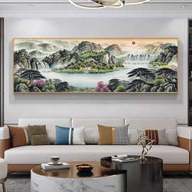 客厅挂画新中式聚宝盆靠山山水画办公室酒店样板间沙发背景墙画