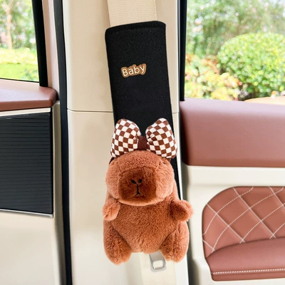 Seat belt shoulder pad Cover Car Interior Decoration Girl - capybara-capibala-fat-brown-bow-black-ice-silk-shoulder-cover-1-pack