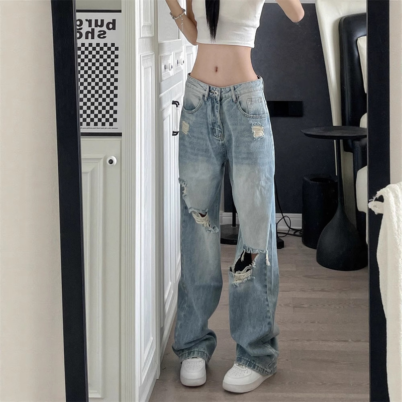 American retro loose straight ripped jeans, trendy and versatile, with a summer drape effect, hip-hop pants