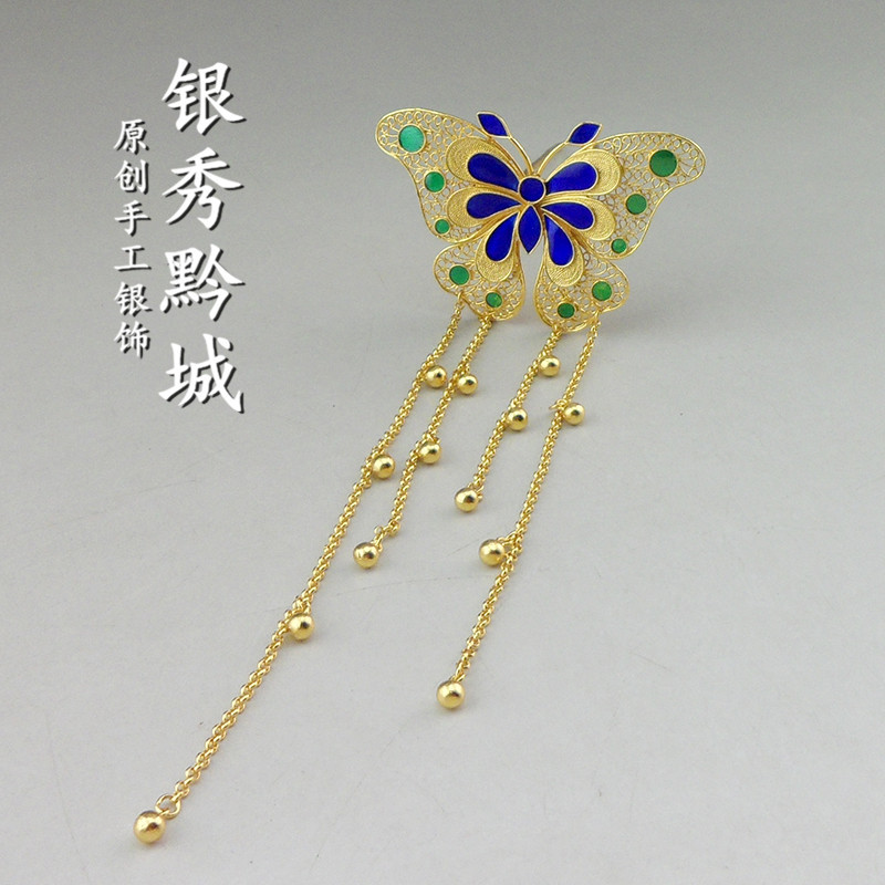 银秀黔城原创手工银饰批发999纯银镀金发钗蝴蝶景泰蓝汉服旗袍