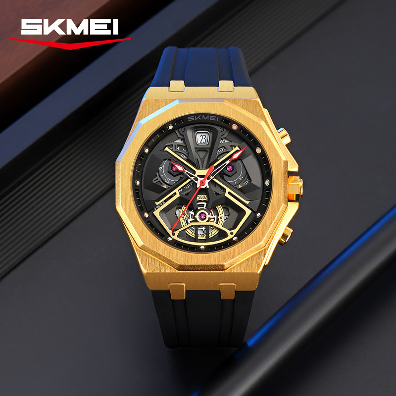 Momento de belleza para hombres octogonal oro viento mecánico reloj de cuarzo transfronterizo correa de silicona multifuncional relojes de pulsera ocio