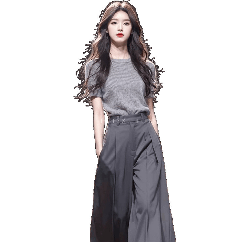 2025年超人気夏服、小柄な方向けの韓国風年齢軽減ワイドパンツ2点セットの完全なセット|undefined