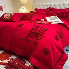 高級中国風の結婚式の持参金、肌に優しい綿の4点セット、赤い刺繍のウェディングシーツ、掛け布団カバー、お祝い寝具