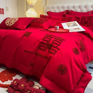 High-End Chinese Wedding Dowry Skin-Friendly Cotton Four-Piece Set Red Embroidered Wedding Bed Sheetss and Quilt Covers Festive Bedding
