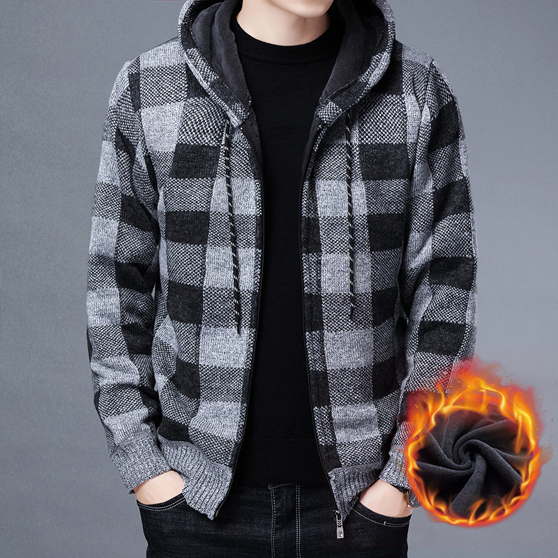 Foreign Trade Men's Winter Hooded Velvet Thickeneded Plaid Long-Sleeved Knitwear Youth Korean Style Men's Cardigan Knitwear Foreign Trade Men's Winter Hooded Velvet Thickeneded Plaid Long-Sleeved Knitwear Youth Korean Style Men's Cardigan Knitwear