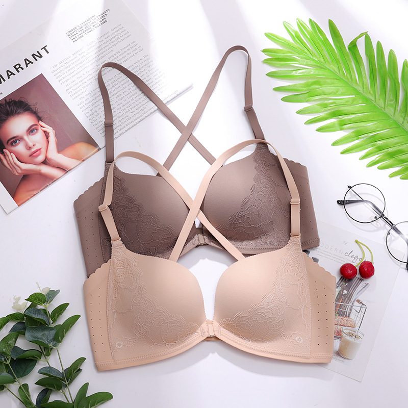 Sujetador inalámbrico de verano cómodo transpirable push-up mama belleza espalda encaje frontal hebilla ropa interior para mujeres delgadas 3223