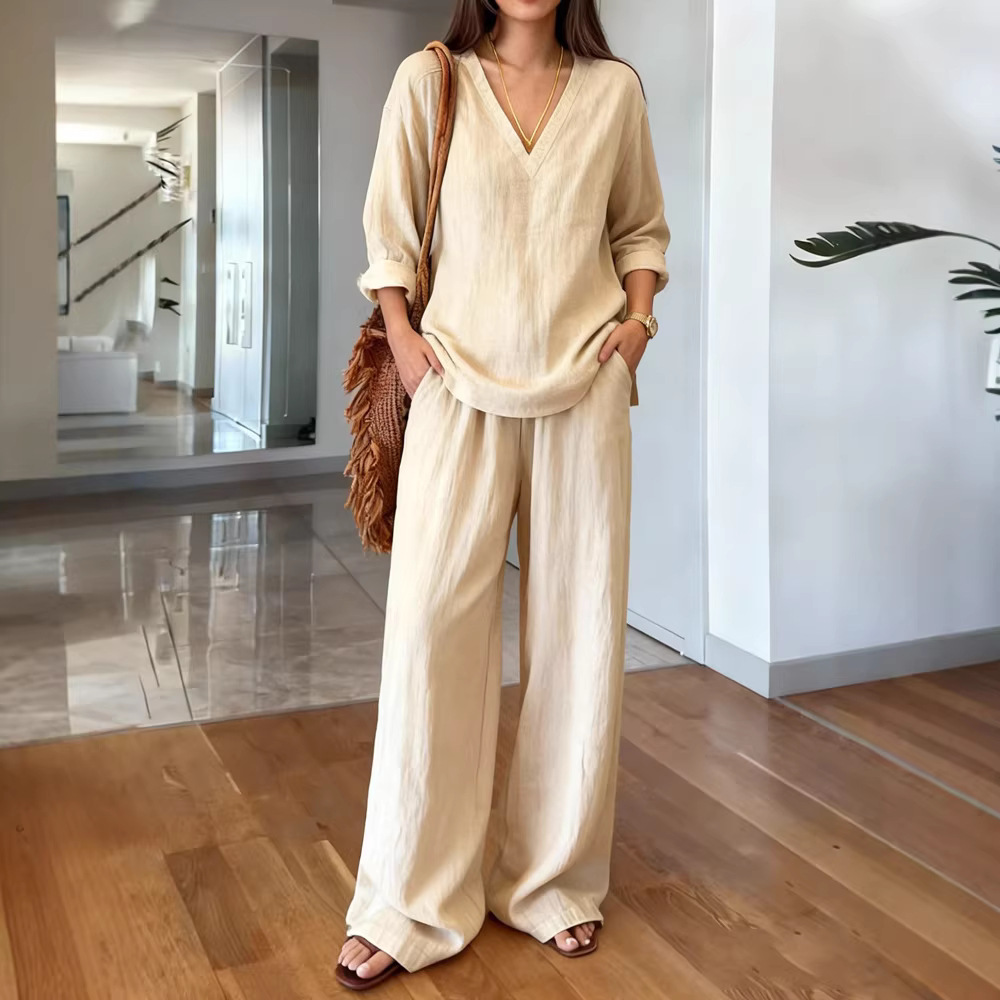 Damen-Loungewear-Set aus gewaschener Baumwolle, bestehend aus einem langärmeligen Oberteil mit V-Ausschnitt und einer bequemen Hose, weiches, lässiges Zweiteiler-Outfit_voghion.com