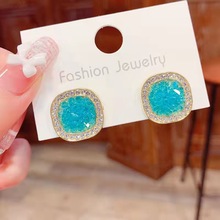 韩国复古法式方形水晶耳钉女简约网红气质小众设计感S925银针耳饰