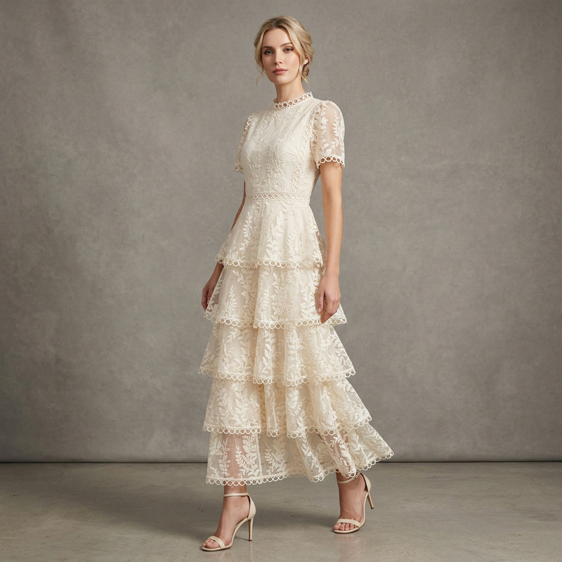 Cross-Border French-Style Heavy Lace Dress for Women, New Summer Model, Waist-Cinching, Slimming, Multi-Layered Cake Dress, Elegant Long Dress for Women