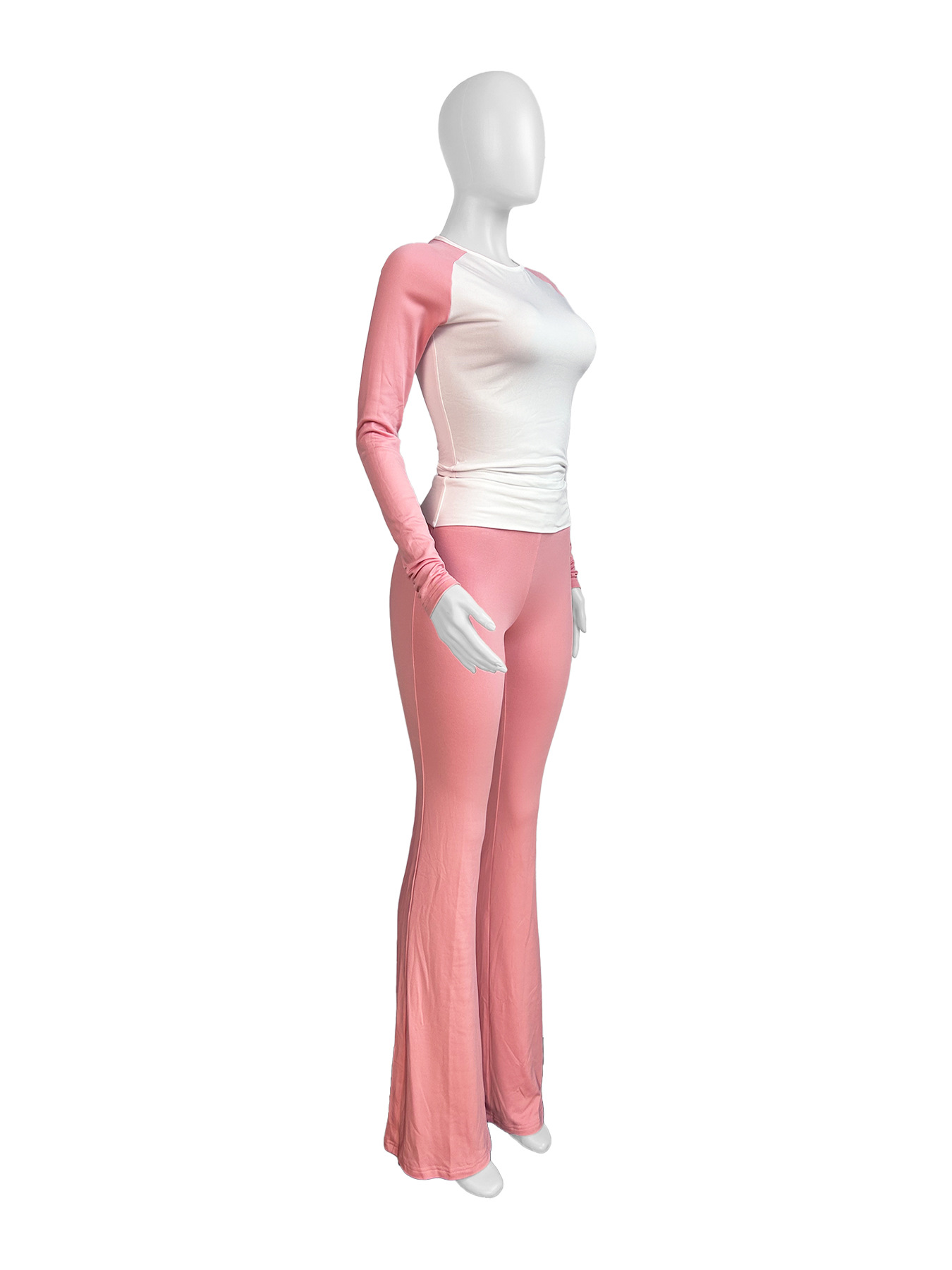 Women Clothing Contrast Color Tight High Waist Fold Slim Trousers Fleece Lined Two Piece Sets