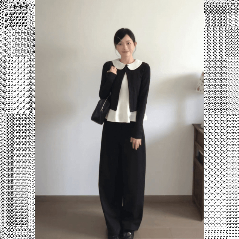 韩系甜美穿搭一整套女秋季黑色针织开衫娃娃领打底上衣宽松阔腿裤|undefined
