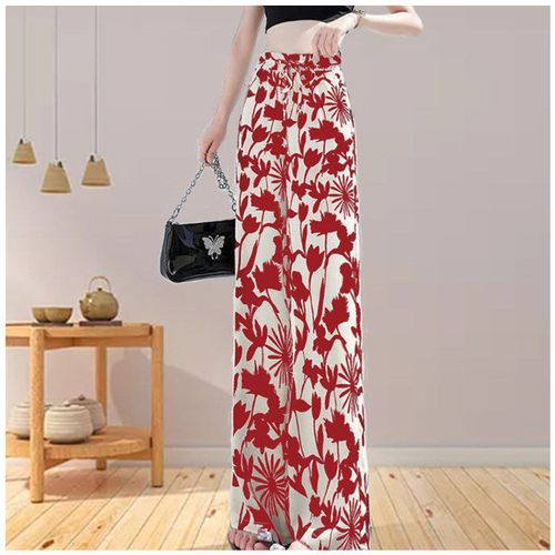 Women's Summer High-Waist Loose Flowy Tie-Dye Straight Wide-Leg Pants with Ice Silk Floral Pattern Floor-Length Hanging Drop Pants Casual Suit Pants