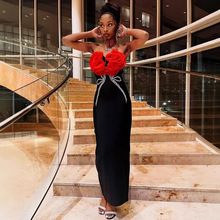 欧美跨境新款性感抹胸花朵镶钻名媛风绷带女装连衣裙派对晚宴礼服