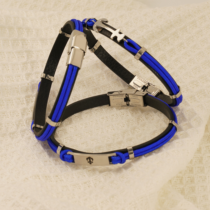 Pulsera trenzada de cuero de acero de barco, cuerdas de cuero para hombres y mujeres, joyas de mano geniales, no se desvanecen, pulseras al por mayor.