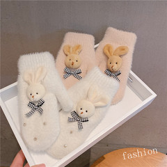 Korean Dongdaemun Knitted Wool Yarn Cartoon Rabbit Bow Tie Gloves Bag Finger Thicken Warm Winter Gloves for Women