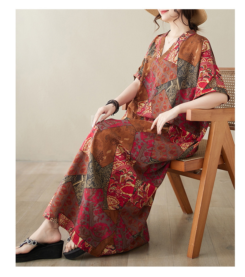 Vintage V-ausschnitt Strandkleid Aus Baumwollleinen Locker Geschnitten_voghion.com