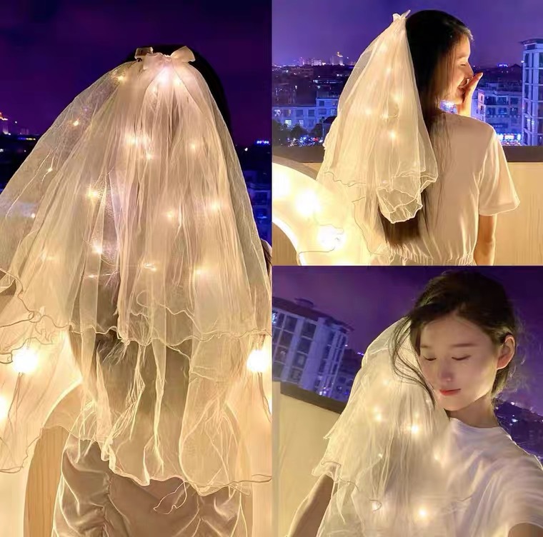 Luminous veil double-layer night market stall artifact Net red photo props bride proposal marriage license headdress wholesale