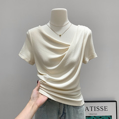 スイングカラーオフショルダーセクシーな半袖 Tシャツ女性のための 2025 夏モーダル不規則なスリムウエストホットガールトップトレンディ