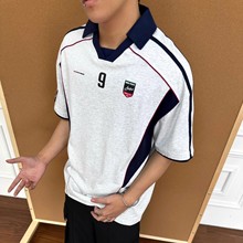夏季男装2025新款美式球衣翻领POLO运动衫嵌线拼接高级感短袖T恤