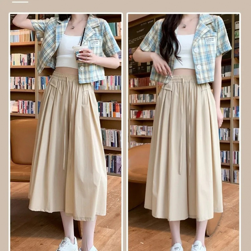 Summer Ice Silk Thin High-Waisted Slimming Drapey Loose Culottes Versatile Casual Cropped Pants