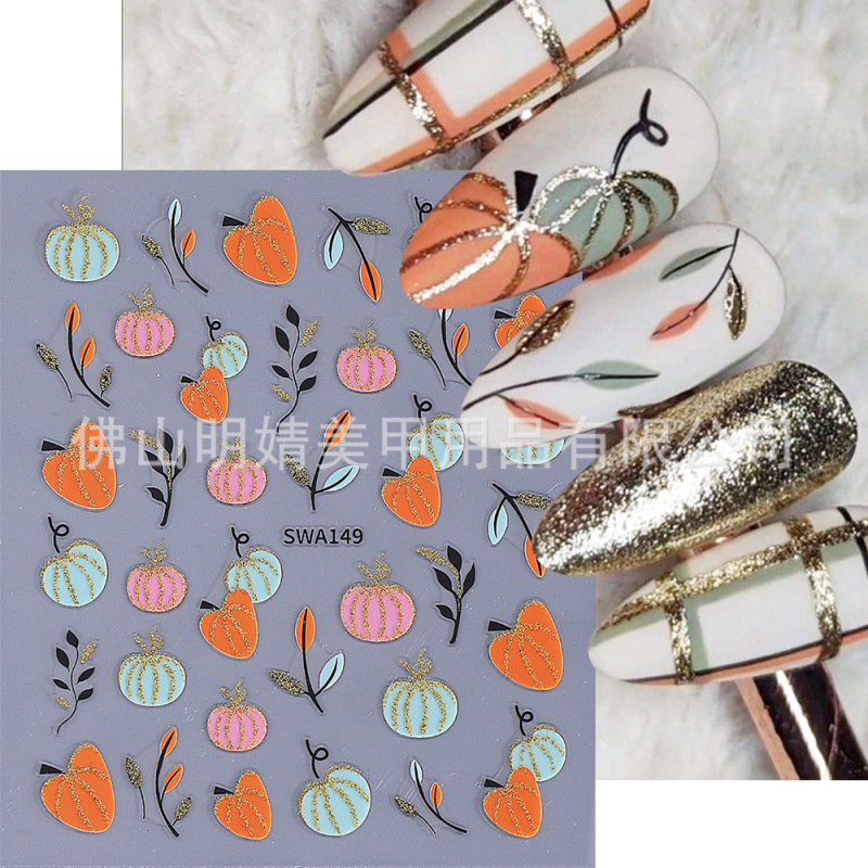 Cross-Border Ins Style Autumn Series Nail Art Stickers with Golden Glitter Pumpkin Fallen Leaves Small Fresh Adhesive Nail Stickers