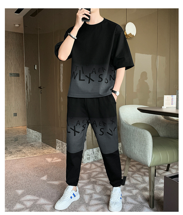 Men's Gradient Color Short Sleeve T-Shirt And Shorts Set Casual Summer Streetwear Hong Kong Style Outfit_viptrois.com