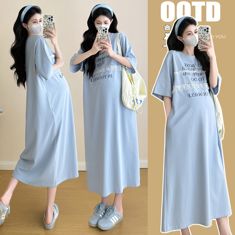 2025 Summer Maternity Wear New Large Size Short-Sleeved T-Shirt Skirt Long Knee-Length Casual Loose Dress Trendy Mom