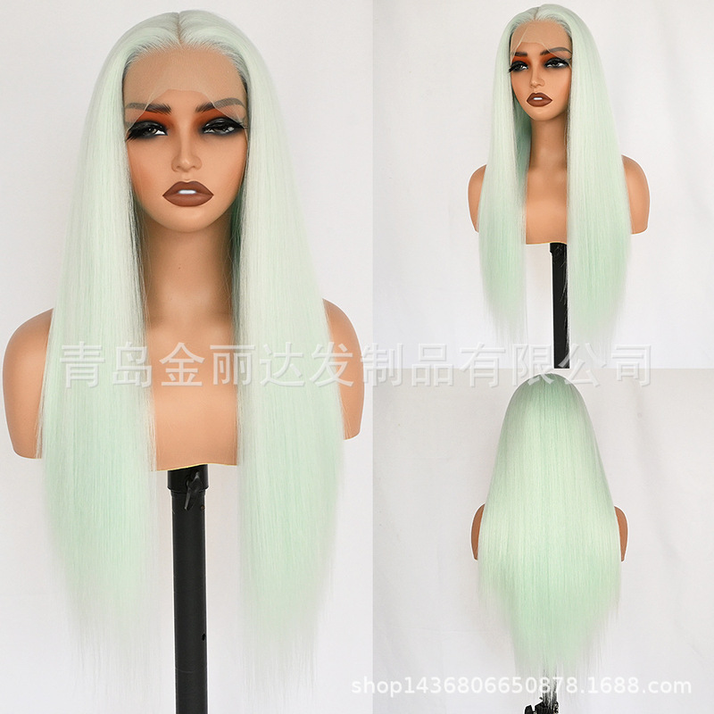 Fashionable Synthetic Fiber Lace Front Wig, Light Green Long Straight Hair, Semi-Handwoven, Wholesale for Export, European and American Fashion Wigs