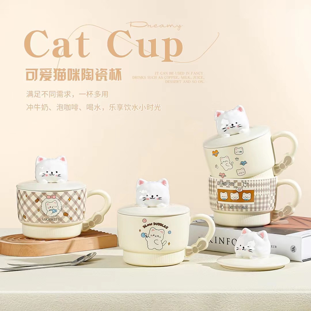 Creativo lindo gato de dibujos animados Taza de cerámica de alto aspecto taza de desayuno con tapa cuchara taza de avena con mano regalo taza de agua