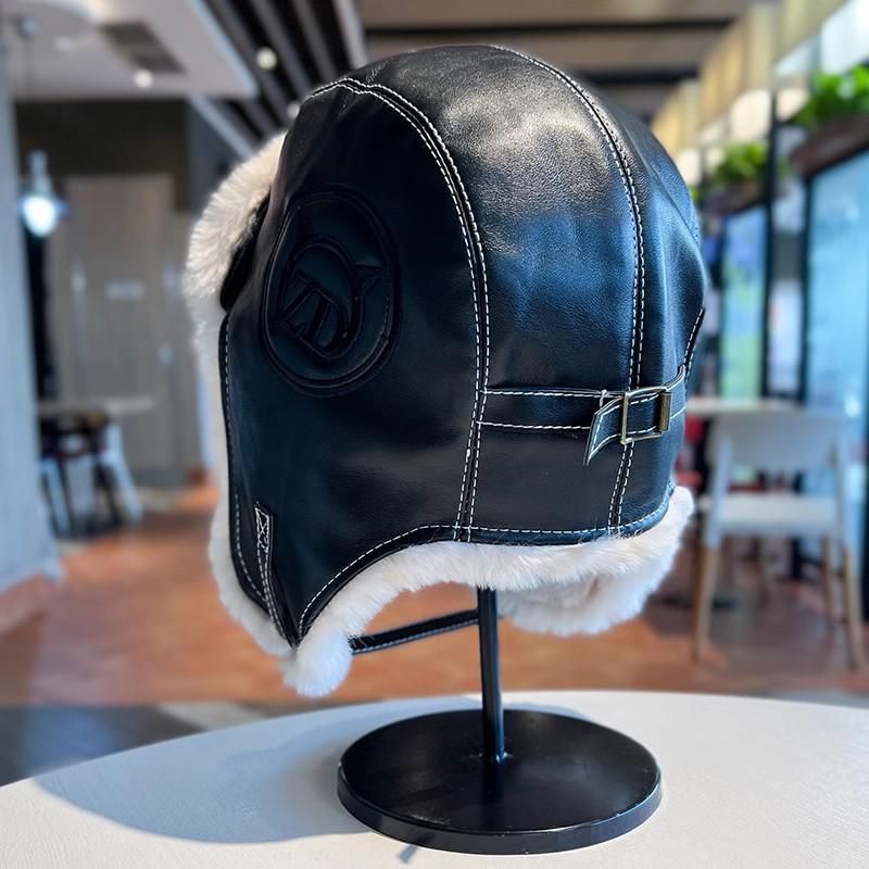 Pilot Hat Women's Warm Pu Leather Plush Ear Protection Skiing Cap_voghion.com