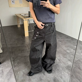 跨境高街双腰头牛仔裤男 不规则拼接纽扣 阔腿宽松潮流个性长裤子