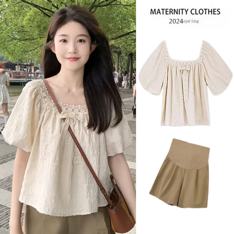 Pregnant Women's suit Summer Fashion Stylish Doll Shirt Small Shirt Short-sleeved T-shirt Top Women's Shorts Two-piece Set