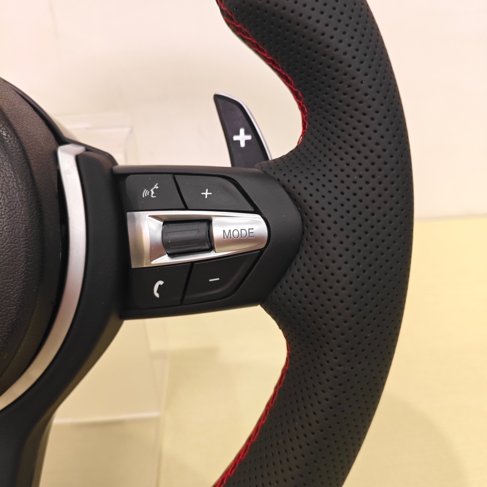 New red button with stitching alignment suitable for all BMW models, including the F10, F30, E90, and E92 steering wheels