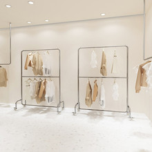 服装店展示架不锈钢双层挂衣杆女装店落地式银色带轮子衣服货架