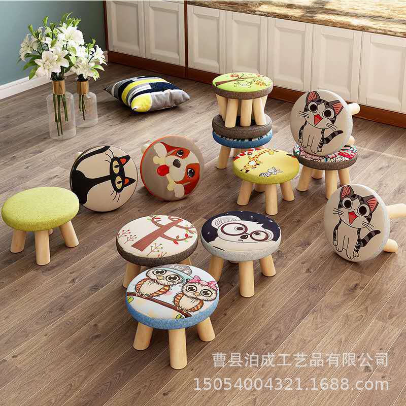 Taburete pequeño de tela al por mayor, hogar de moda, sala de estar para adultos, taburete redondo pequeño, taburete de sofá, taburete bajo de madera, taburete creativo para cambiar zapatos