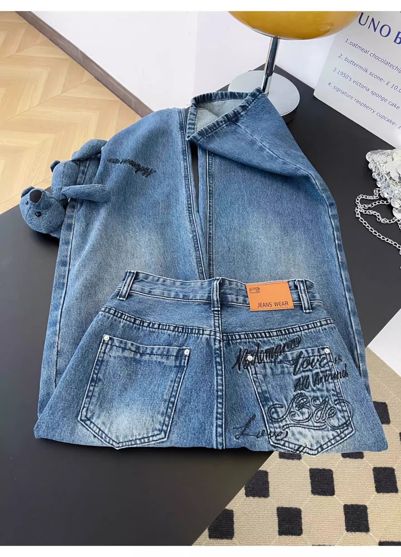 Women's High-Waisted Slimming Wavy Washed Denim Jeans Casual Loose Wide Leg Floor-Length Trousers With Letter Embroidery American Retro Summer Style_mkmklike.com