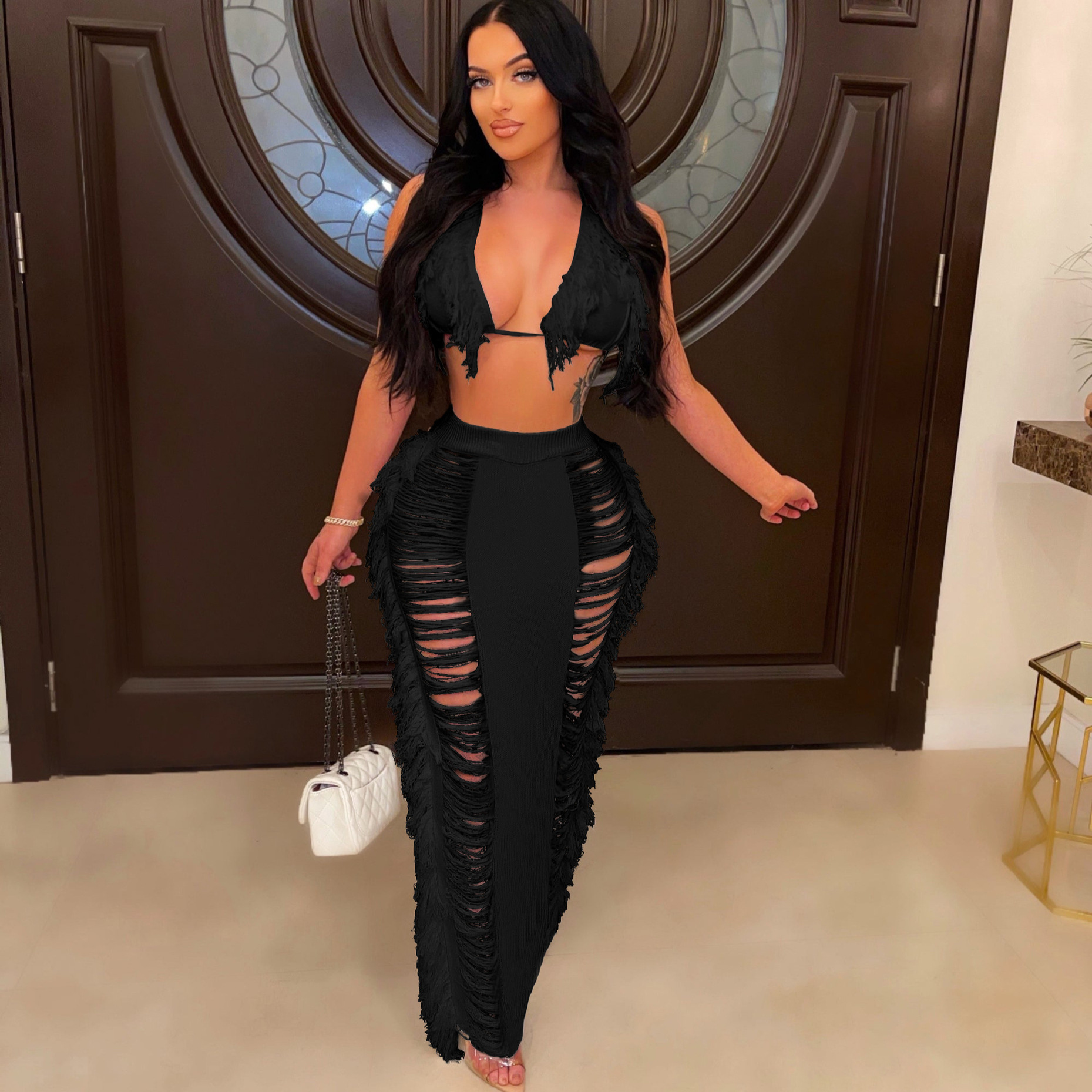 Women's Clothing Women's Sexy Tassel Knitted Beach Dress Set Hot Sale_voghion.com