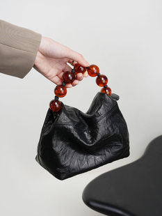 Beads, leather shoulder bag, grabber, lunch box, handheld beaded bracelet, bag strap, Chinese style, cowhide