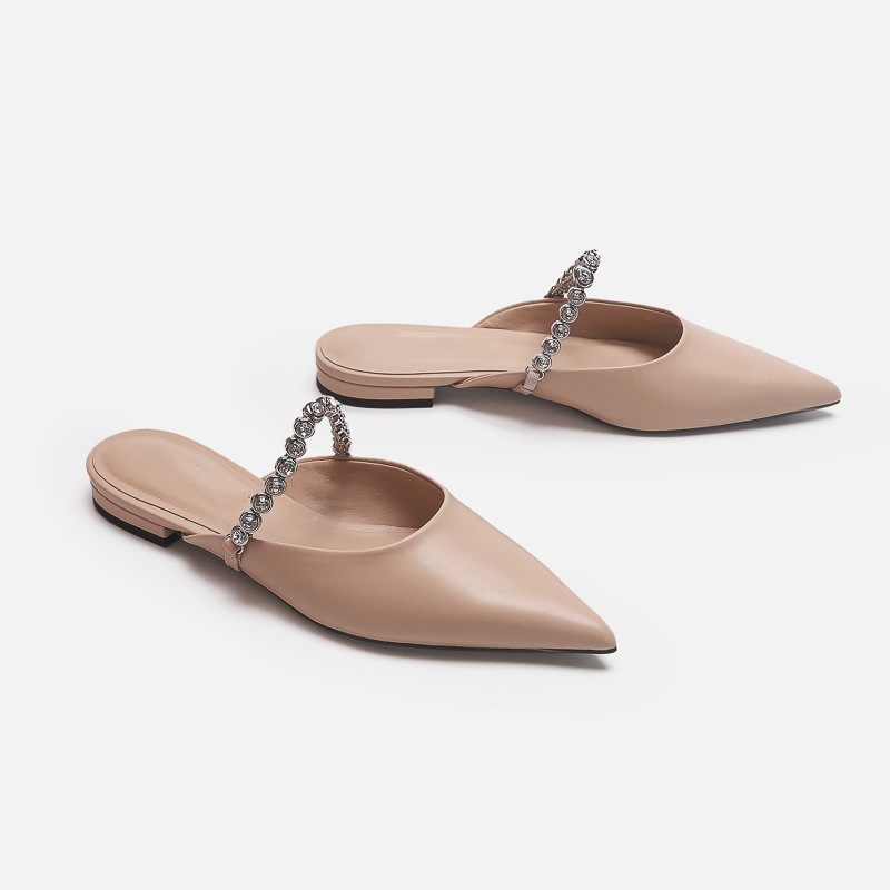 Silver Gemstone Chain Pointed Toe Mules For Women Elegant Flats_voghion.com