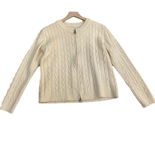 Fall/Winter Lazy, Casual, and Elegant Round-Neck Short Cable-Knit Cardigan with Dual Zippers – Women's Top