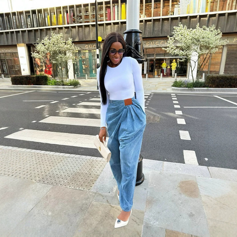 2026 New European and American Cross-Border High-Waisted Leather Label Pleated Design Loose Wide-Leg Plus Size Women's Jeans